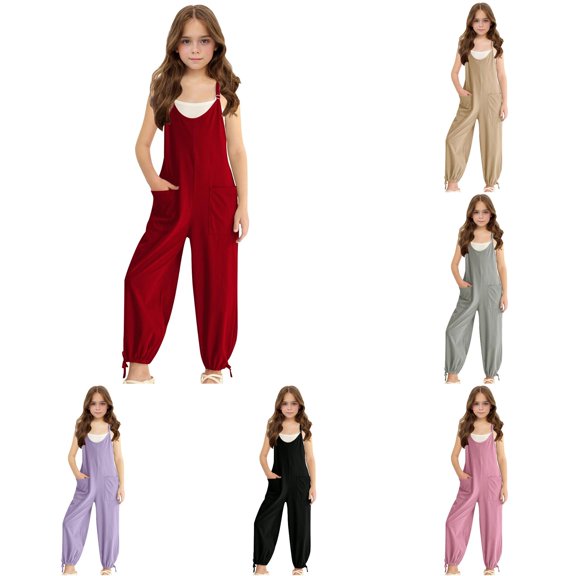Girls Sleeveless Jumpsuit with Adjustable Spaghetti Straps and Side Pockets Casual Summer Romper for Big Kids and Comfortable Pull On Play Outfit Easter Jumpsuit Women 7-8 Years
