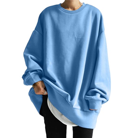 Women's Crew Neck Oversized Sweatshirts Long Sleeve Casual Loose Pullover Tops Solid Color Cotton Fall Clothes Light Blue M