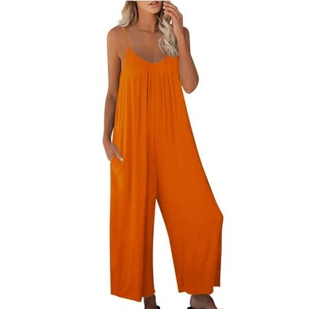 

Jsezml Women s Summer Jumpsuits Sleeveless Wide Leg Rompers Casual Loose Fit Pure Color V Neck Overalls with Pockets