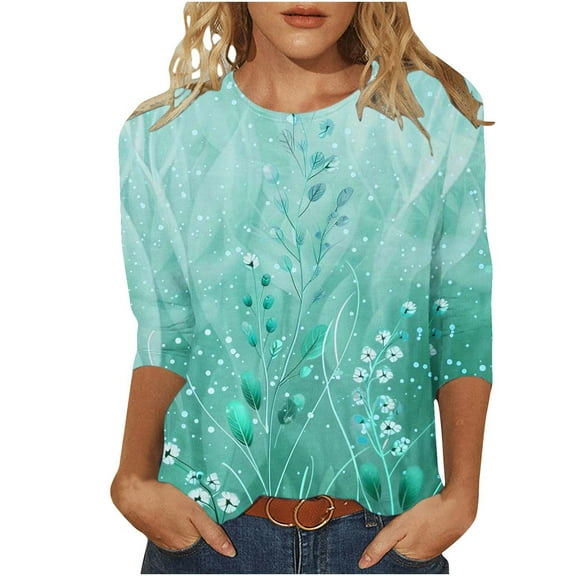 successthop Floral Blouses for Women Plus Size 3/4 Sleeve Tops Oversized Crewneck Casual Clothes Print Tee Shirts