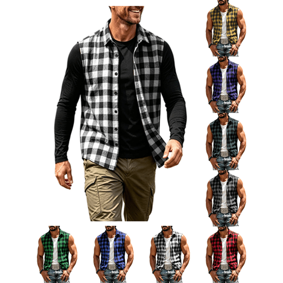 Atkumj Plaid Vest for Men Versatile Turn Down Collar Button Up Vest Fashion Loose Color Block Sleeveless Shirts for Men for Relaxed Daily Outfit S