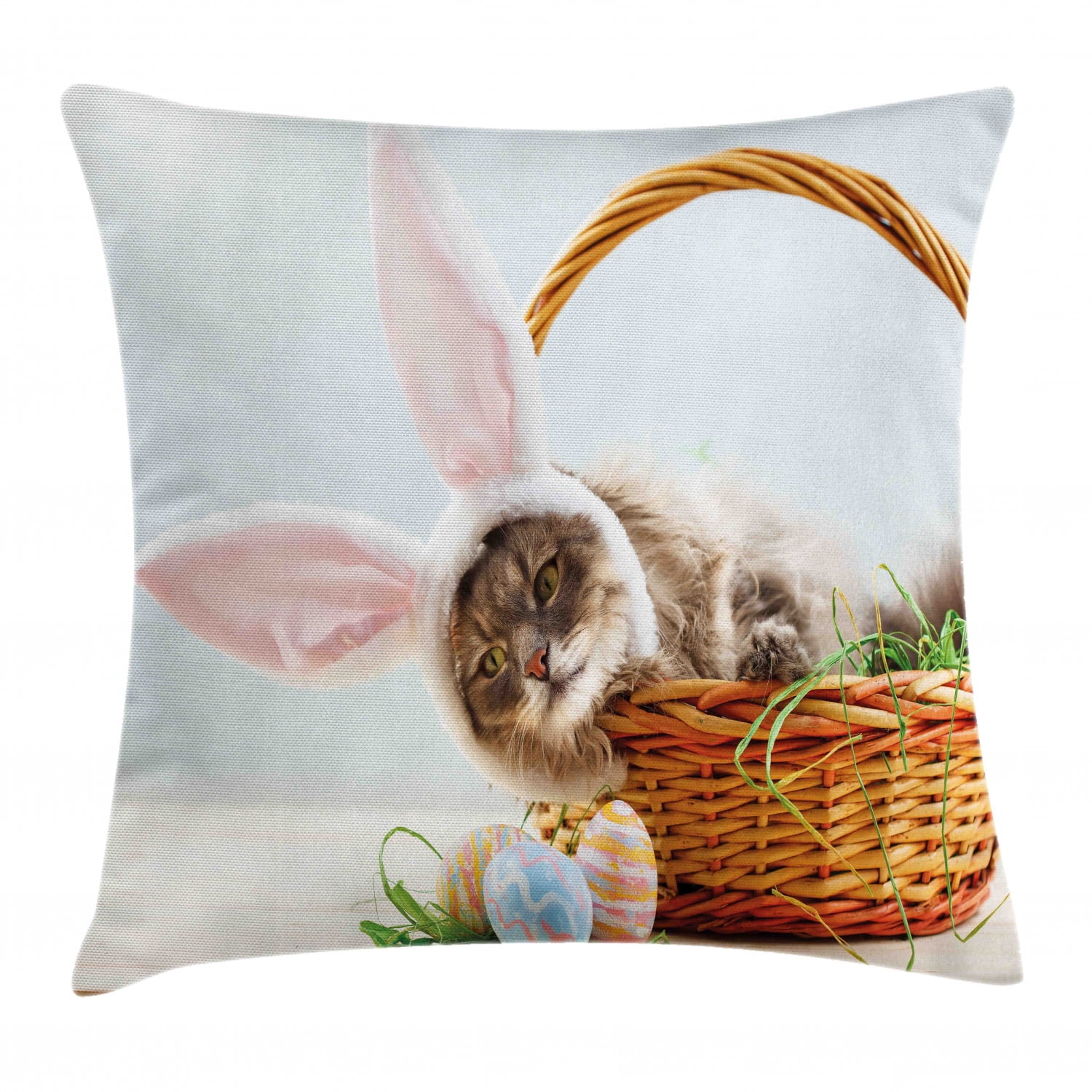 Easter Bunny Throw Pillow Cushion Cover, Adorable Fluffy Cat with Pink