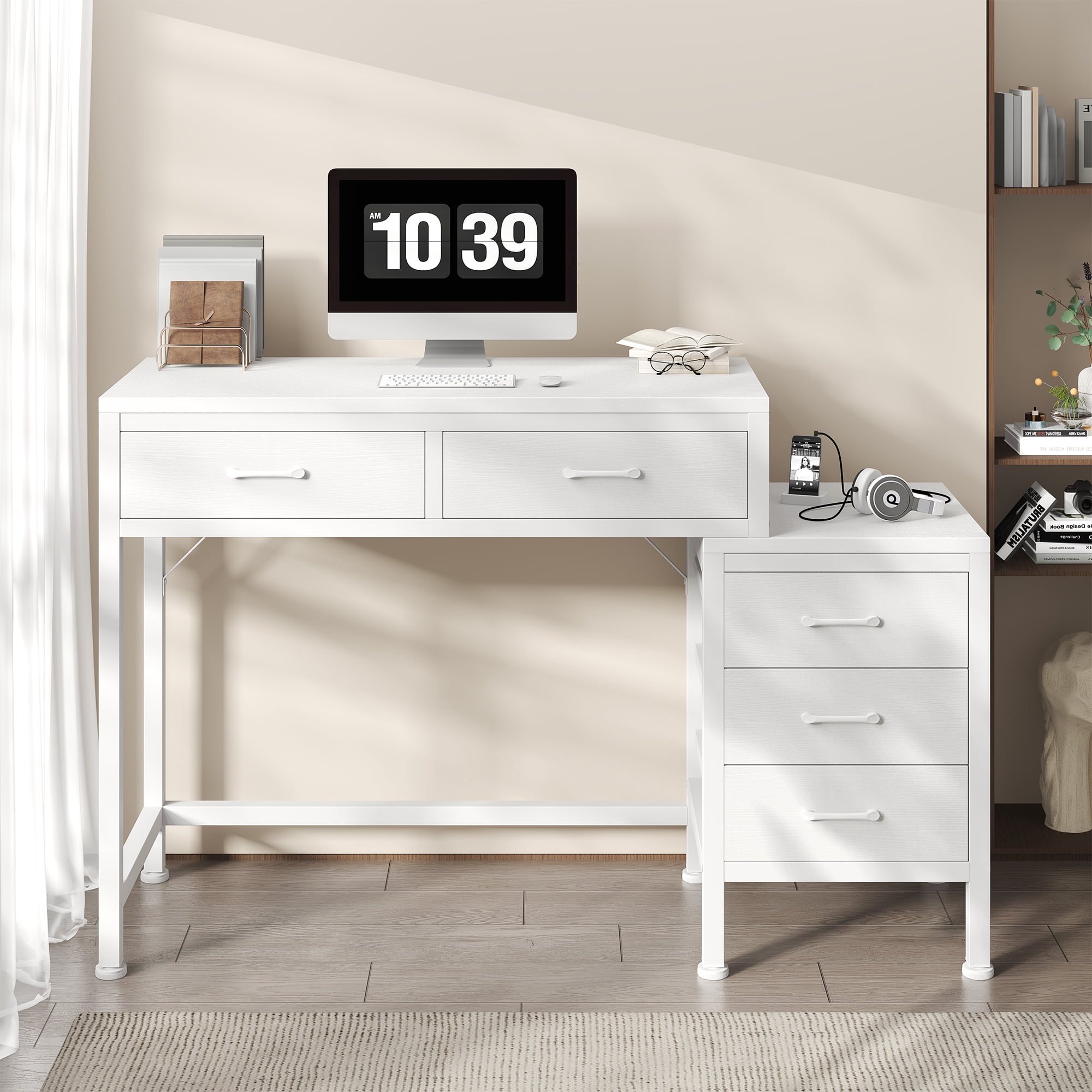 IULULU 51inch Computer Desk with 5 Drawers, Woodtop Desk of Small Spaces, Modern Style for Home Office, White