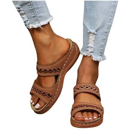 

YanHoo Clearance Leather Sandals Women Dressy Summer 2023 Peep Toe Platform Sandals Shoes Beach Wedges Ladies Flip Flops Orthopedic Sandals