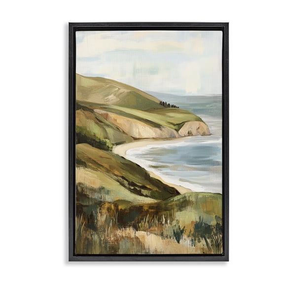 Stupell Industries Transitional Painted Cliffside Coastal Morning Light Black Floating Frame Canvas Art, 17 x 25, by Petals Prints Design