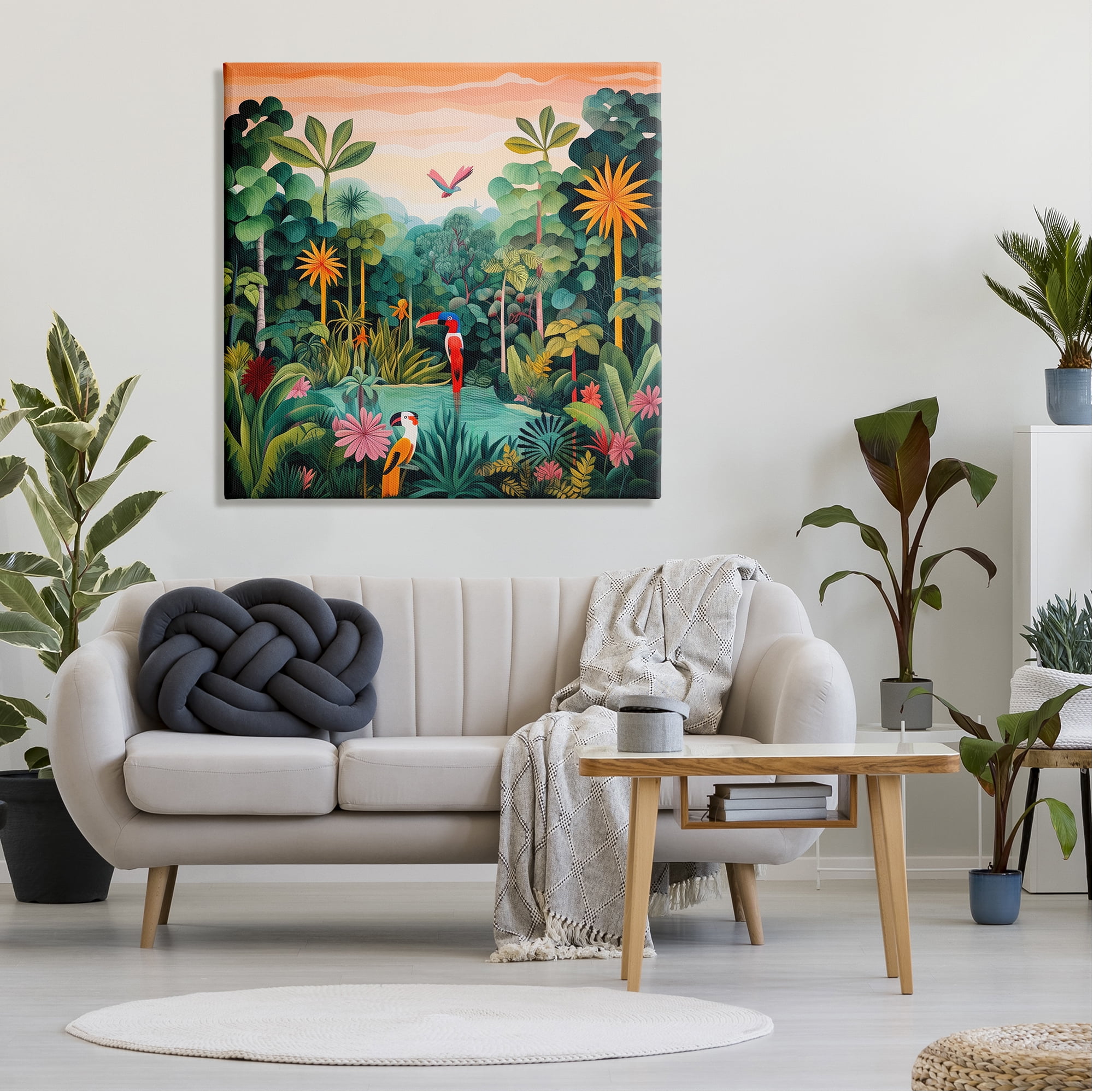 Stupell Industries Parrots & Tropical Pond Landscape Painting Gallery Wrapped Canvas Art Print Wall Art, 36 x 36