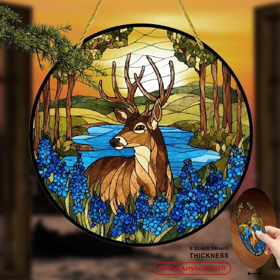 2D Flat, 1pc Bohemian Deer in Forest Sun Catcher - Round Acrylic Stained -Effect Window Hanging, Blue Golden Frame Horizontal Wall Art for Home, Garden, Housewarming Gift - Deer Floral Design