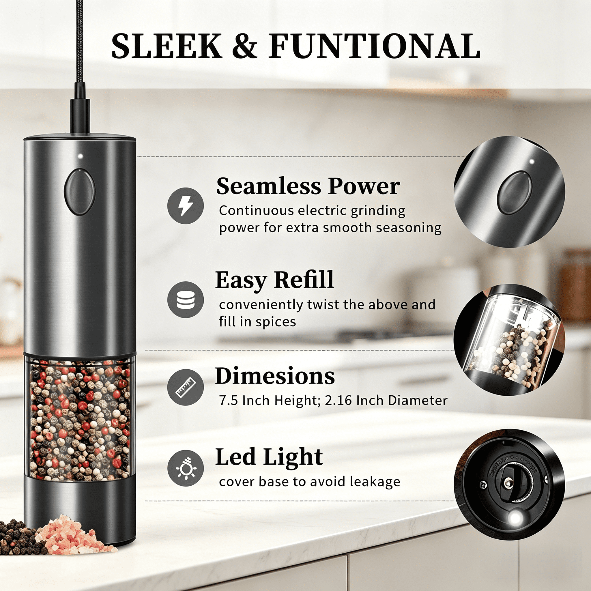 2PCS electric salt and pepper grinder set - battery-powered spice grinder, adjustable for coarseness, perfect for home kitchens, durable plastic, electric salt and pepper grinder, automatic grinder