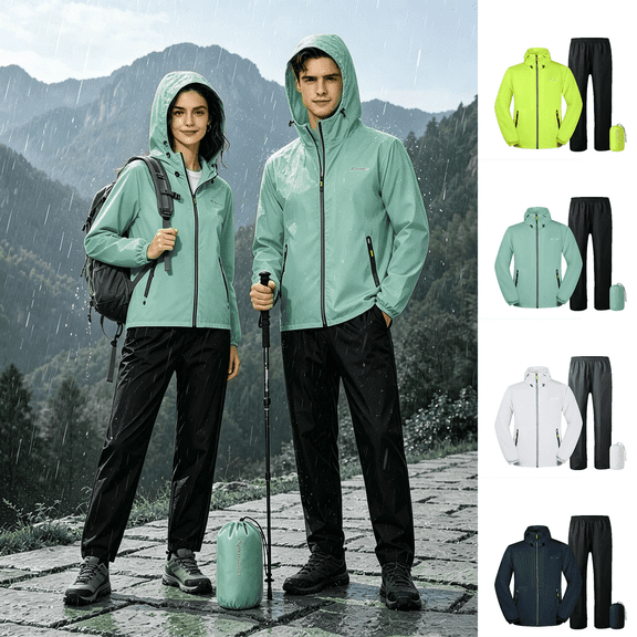 Zeijnsda 2 Piece Rain Suit Lightweight Waterproof Women Men Rain Sets Zipper Hooded Jacket & Rain Pants with Zipper Pockets Unisex Plus Size Outdoor Hiking Sets with Storage Bag