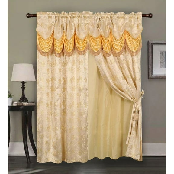 Devika Jacquard Rod Pocket Panel With Attached Valance and Backing, Gold, 55x84 Inches
