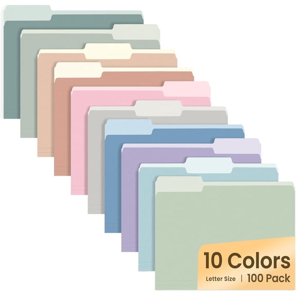 Tivkeber Letter Size File Folders, 100 Pack, 10 Pastel Colors, 1/3-Cut Tabs for Office, Home, School Documents & Paper