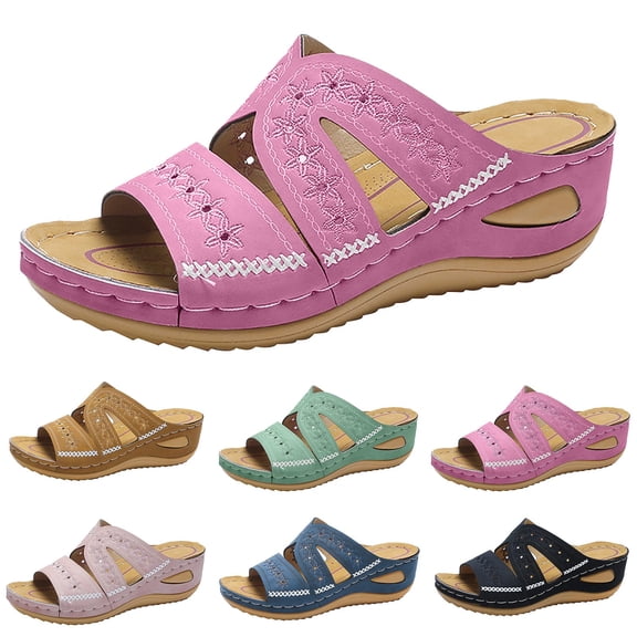 Black Sandals Slip On Wedge Sandals for Women - Dressy Low Heel Summer Shoes, Comfortable Casual with Arch Support
