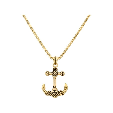 Mens Necklace Gold Box Chain With Gold Anchor Pendant