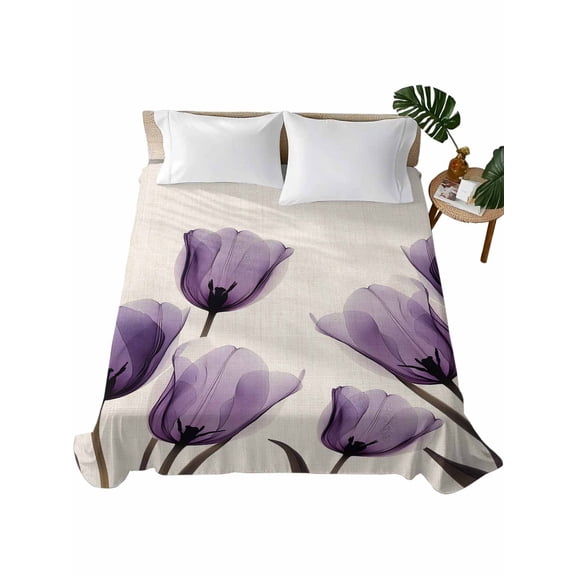 Queen Flat Sheet 90"x102", Purple Tulip Flower Soft Lightweight Bedding Flat Sheets Only, Aesthetics Farmhouse Floral Plant Brushed Microfiber Top Bed Sheet, Breathable StainResistant Bedsheets