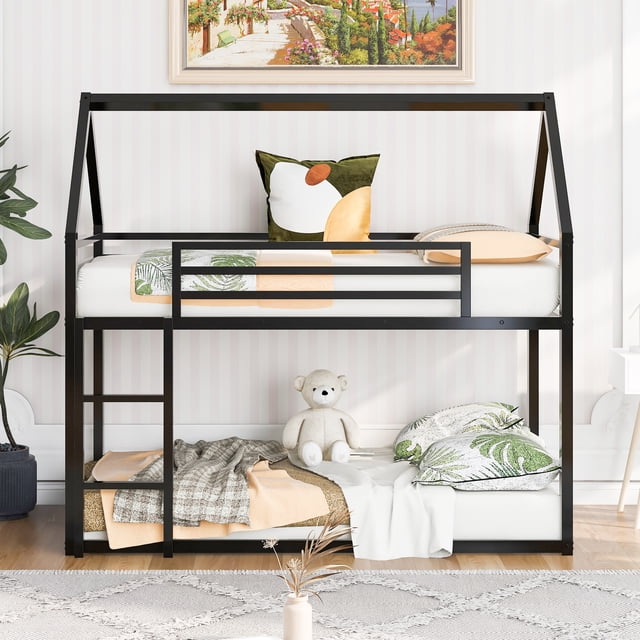 Lit Superposé Style Maisonnette Simple sur Simple avec Échelle Intégrée, Noir