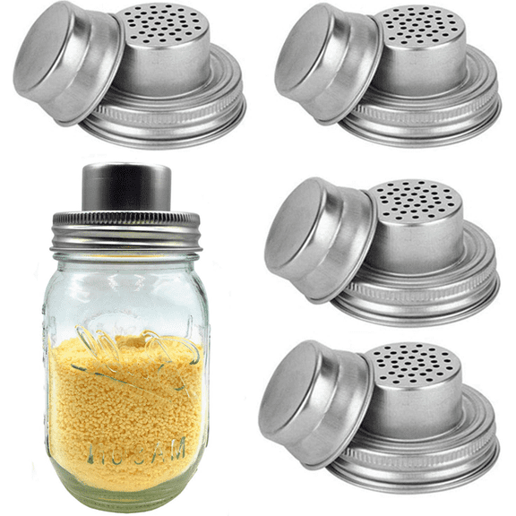 4 Pcs Mason Jar Shaker Lids Stainless Steel with Silicone Seals for Spices Dredge Flour Sugar Salt Peppers and Any REGULAR MOUTH Canning Lid
