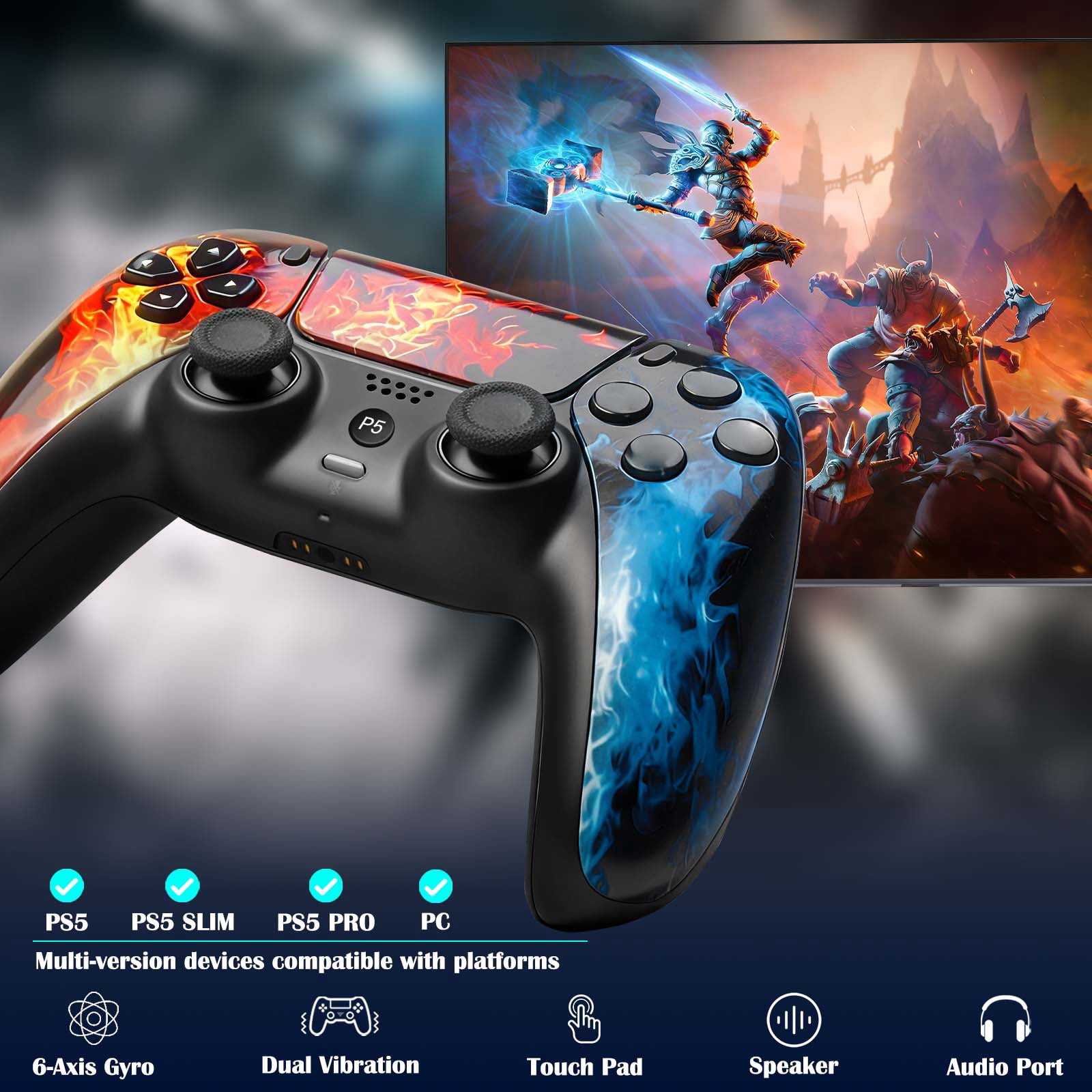 Gaming Controller Compatible with PS5/Slim/Pro/PC, Wireless Gamepad with 6-Axis Gyro/Dual Vibration/1500mAh Battery