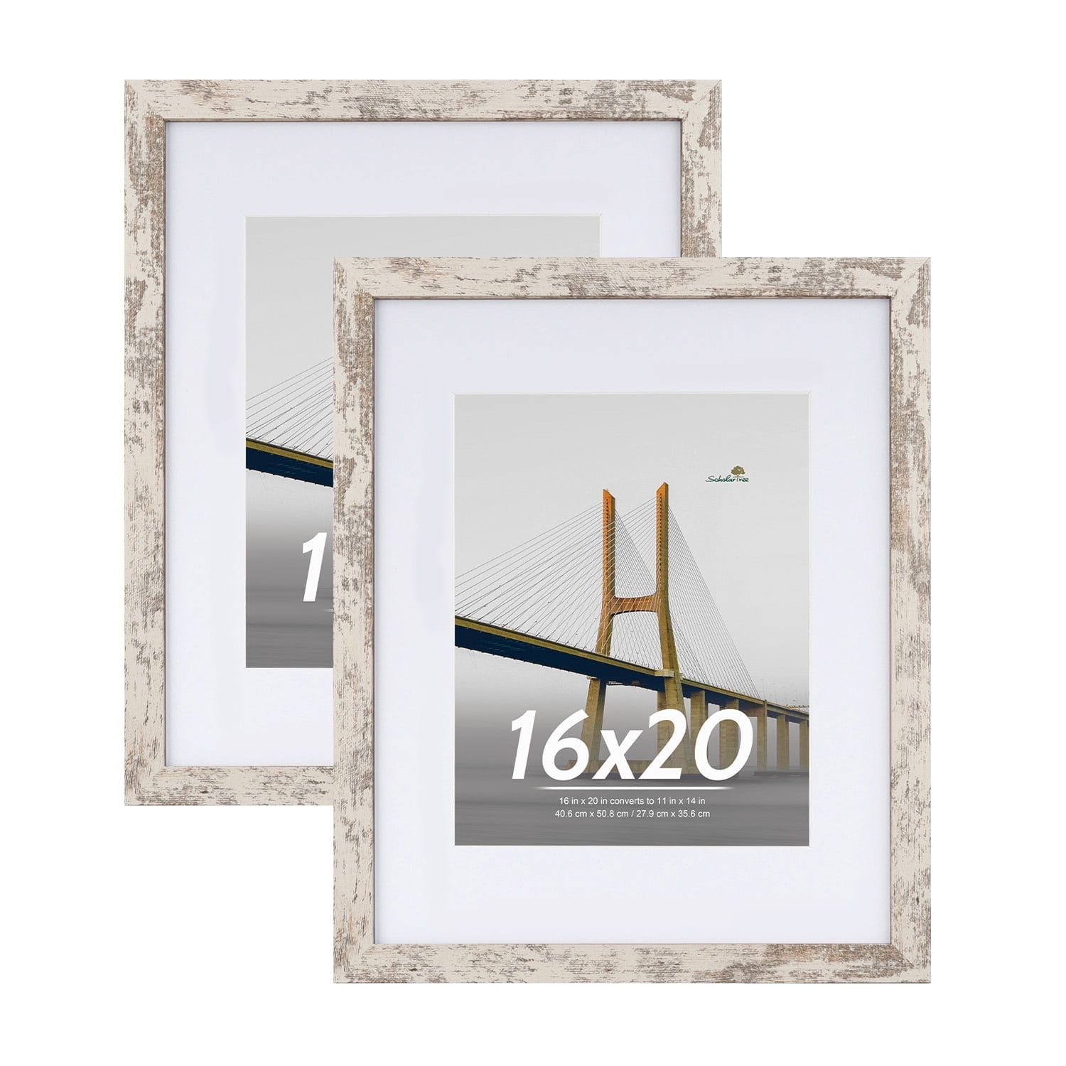 Scholartree 2 PACK 16x20 Wood Gallery Poster Frame, 16x20 Matted to 11x14 Wall Frames, Whtie