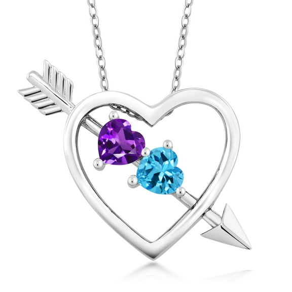 Gem Stone King 925 Sterling Silver Purple Amethyst and Swiss Blue Topaz Heart and Arrow Pendant Necklace for Women (0.96 Cttw, Gemstone Birthstone, with 18 inch Chain)