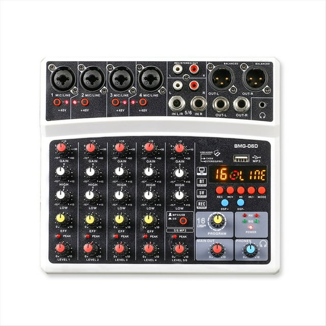 Mezclador de Audio Portátil de 6 Canales, Consola de Mezclas, Tarjeta de Sonido con Interfaz USB y Alimentación Fantasma de 48 V (Conector Estadounidense)