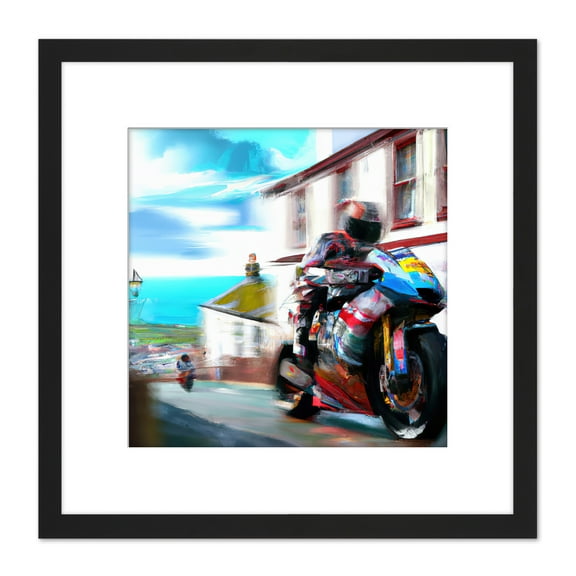 Isle of Man Tt Races Motorbike Motorsport Watercolour Street Scene Square Wooden Framed Wall Art Print Picture 8X8 Inch