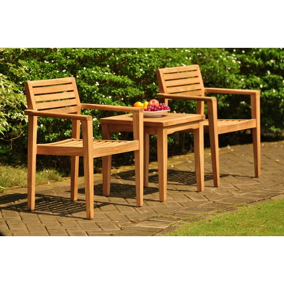 Teak Dining Set: 2 Seater 3 Pc: 21" Sack Square Side Table & 2 Montana Stacking Arm/Captain Chairs Outdoor Patio Grade-A Teak Wood WholesaleTeak #WMDSMTf