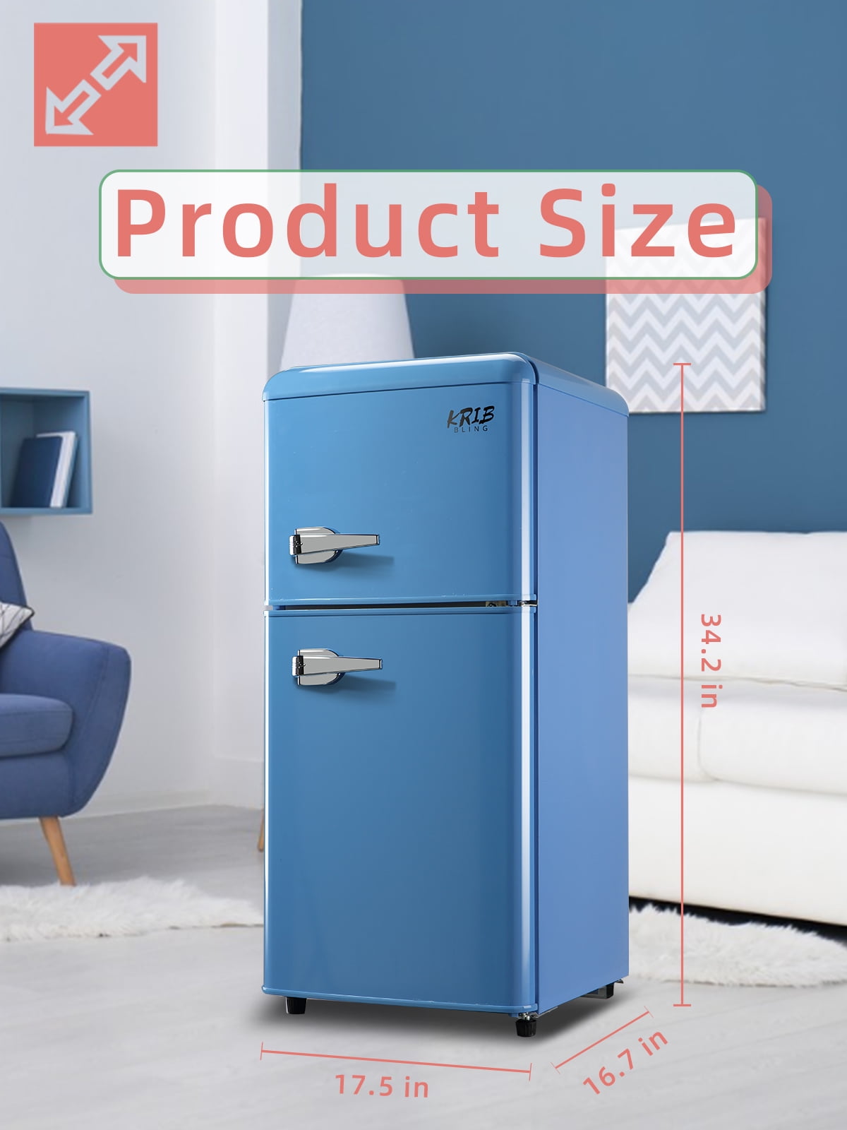 Krib B Compact Refrigerator 3.5 Cu.ft, Mini Fridge with Freezer, Retro Fridge with Dual Door, 7 Grade Temperature Adjustment, Blue