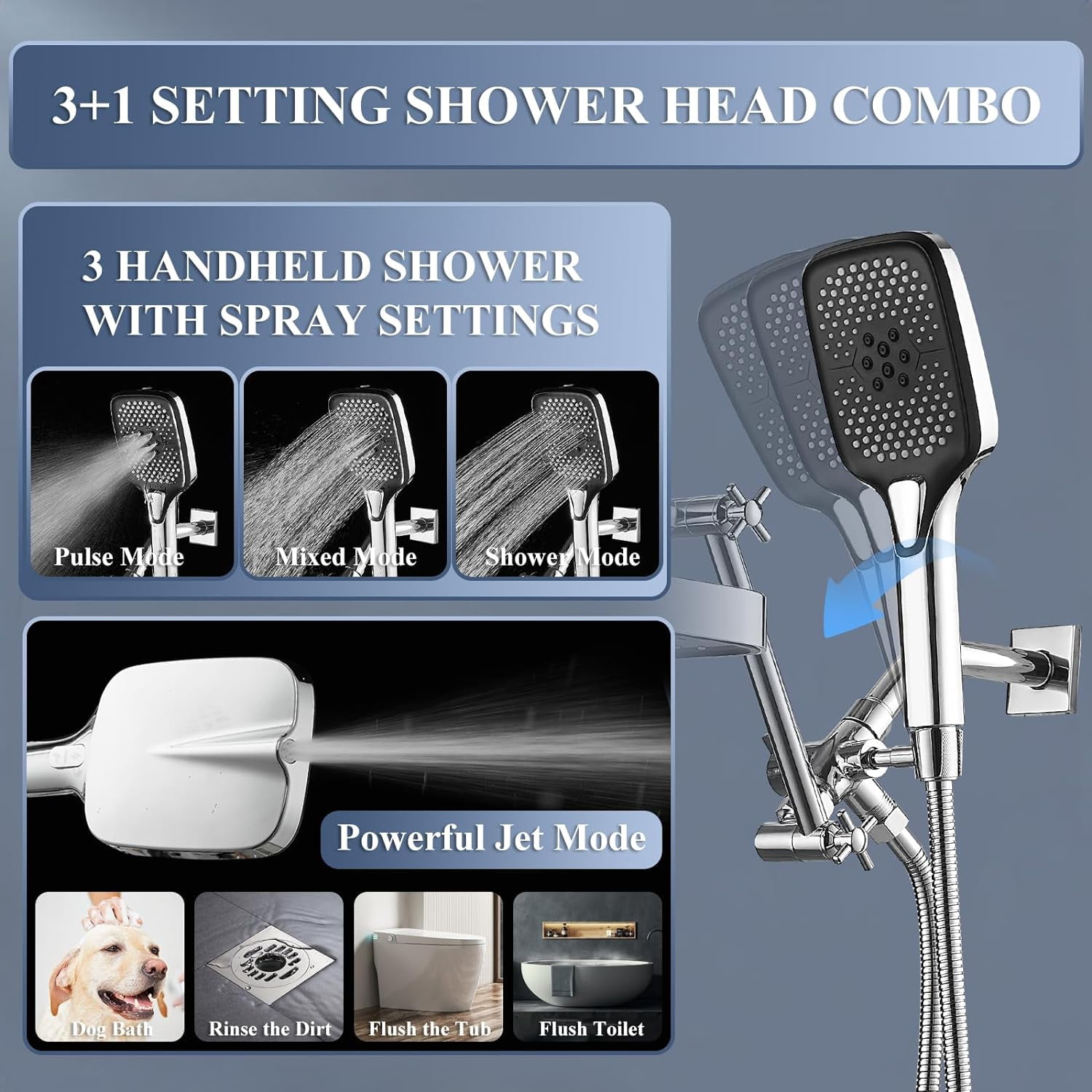 Shower Head with Handheld, Dual Shower Head with Extention Arm, High Pressure Rain Shower Heads, Rainfall Waterfall Showerhead with 3-Way Diverter - Height/Angle Adjustable