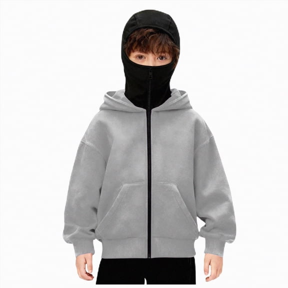 mgoYE Boy's BalaclavaHoodie Winter Double Layer Hooded Sweatshirt with zipper, Fleece-Lined Hoodie(Light Gray,10-11 Years)