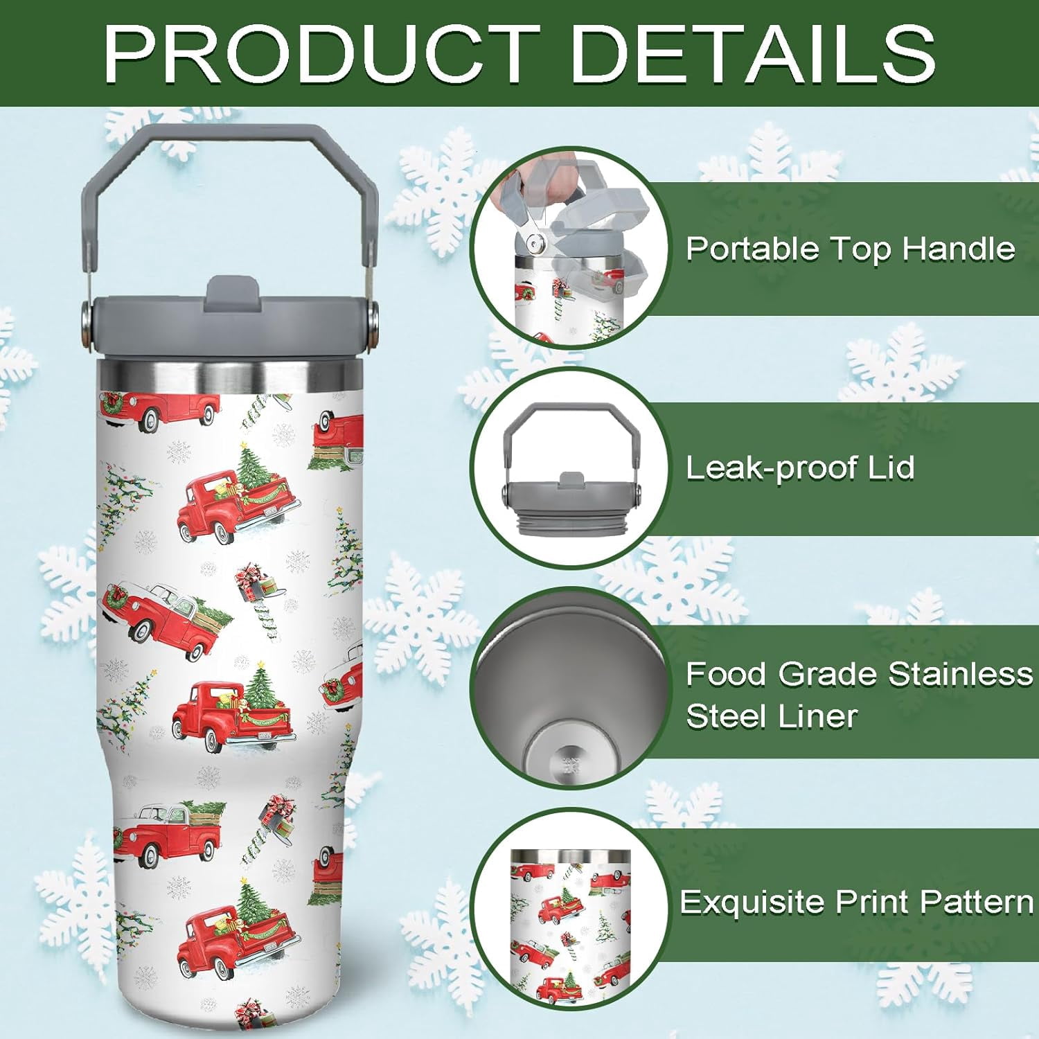 30oz Christmas Tumbler With Handle Lid and Straw, Stainless Steel Christmas Insulated Coffee Cup, Xmas Christmas Gifts for Women