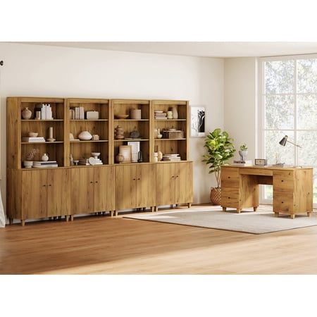 WAMPAT Home Office Furniture Set 58 Executive Desk with Charging Station and Drawers 4-Column 71 Tall Bookcase with Doors and Adjustable Shelves for Living Room Dark Brown Wood