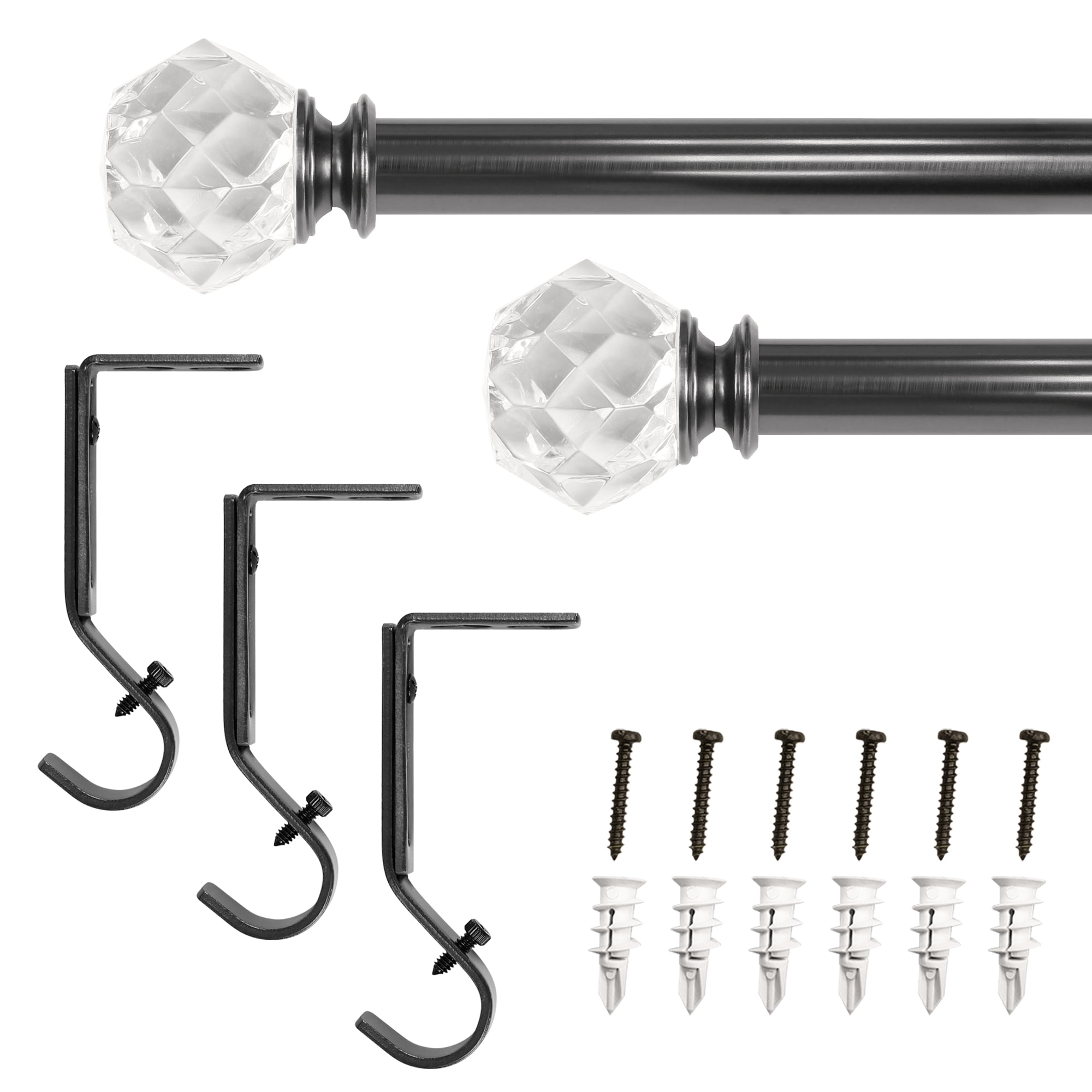 1" Single Curtain Rod Set with Faceted Crystal Sphere Finial