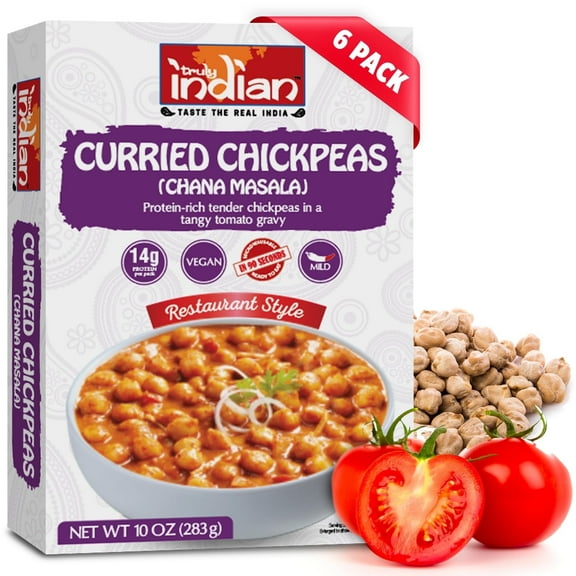 Truly Indian Curried Chickpeas, Chana Masala, "Ready-to-Eat" Indian Meal, Vegan & Microwaveable, 10 oz (6 pack)