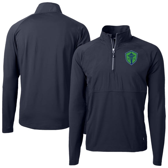 Men's-Cutter & Buck Navy/ Seattle Sounders FC Adapt Eco Knit Hybrid Recycled Raglan Quarter-Zip Top