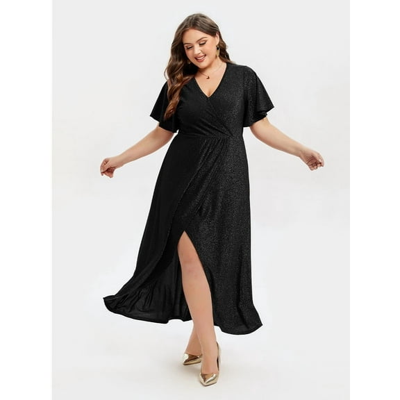 CurveSoul V-Neck Ruffle Sleeve Split Glitter Maxi Dress for Women Short Sleeve Formal Prom Dress Evening Party Club Date Night Sparkly Dress