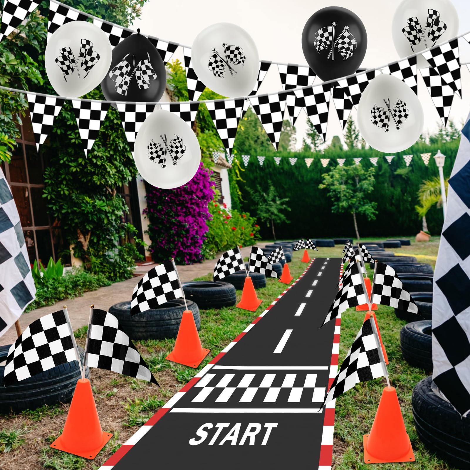 Race Car Party Decorations, Plutput 61 Pcs Set-12 Traffic Cones and 24 Racing Checkered Flags, 6.5Ft Racetrack Floor Runner and 9.8ft Checkered Race Track Banner, Tablecloth, Balloons and Ribbons