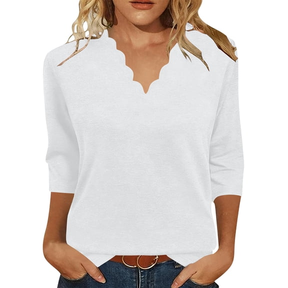 Womens Summer Tops Dressy Casual 3/4 Sleeve Scalloped Trim V Neck Shirts Ladies Loose Fit Basic Tunic T Shirts Blouse(White,M)