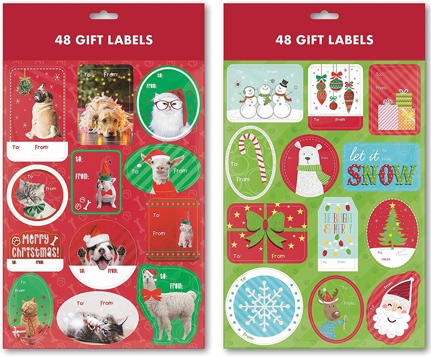 B-THERE 96ct Pets and Kids Foil and Glitter Christmas Holiday Self- Adhesive Gift Tag Labels of Dogs, Cats, Bear, Snowman, Gifts and Reindeer