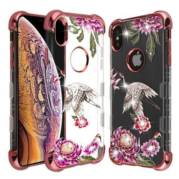 Apple iPhone Xs Max (6.5 inch) Phone Case Hybrid Protective TPU Rubber Silicone Bumper Shockproof Heavy Duty Crane Flower Diamond Bling Phone Case Cover for Apple iPhone Xs Max / 6.5"