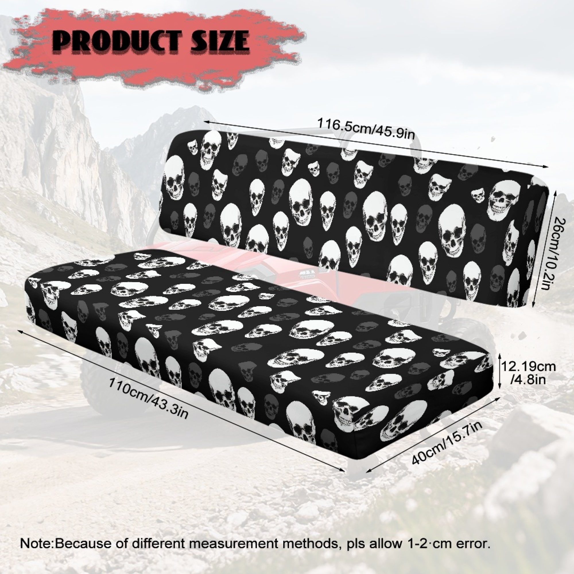 ZIATUBLES 2-Pack Waterproof UTV Seat Covers with Black Skull Print, Replacement Bench Seat Protectors Compatible with Kawasaki Mule 3000 3010, Wear-Resistant Polyester UTV Seat Decor Covers