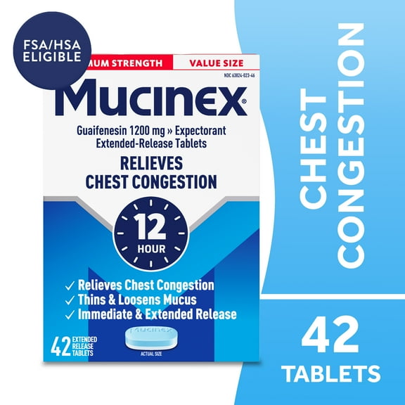 Mucinex 12 Hour Max Strength Expectorant, OTC Medicine for Excess Mucus Relief, FSA/HSA, 42 Tablets