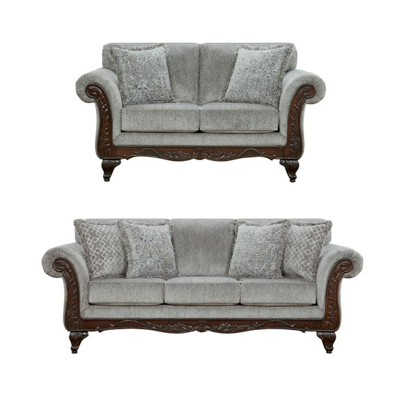 Roundhill Furniture Hernen Carved Wood Frame Polyester Sofa and Loveseat Set, Gray