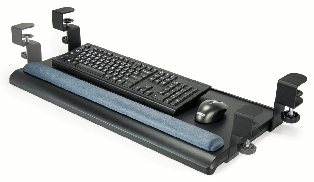 Extra-Wide Desk Clamp Keyboard Tray / Large keyboard surface 27.5" x 12.2" / Sturdy metal clamp fits desk thickness of 1.5" / Smooth sliding rail design for easy access / Includes Gel Wrist Rest