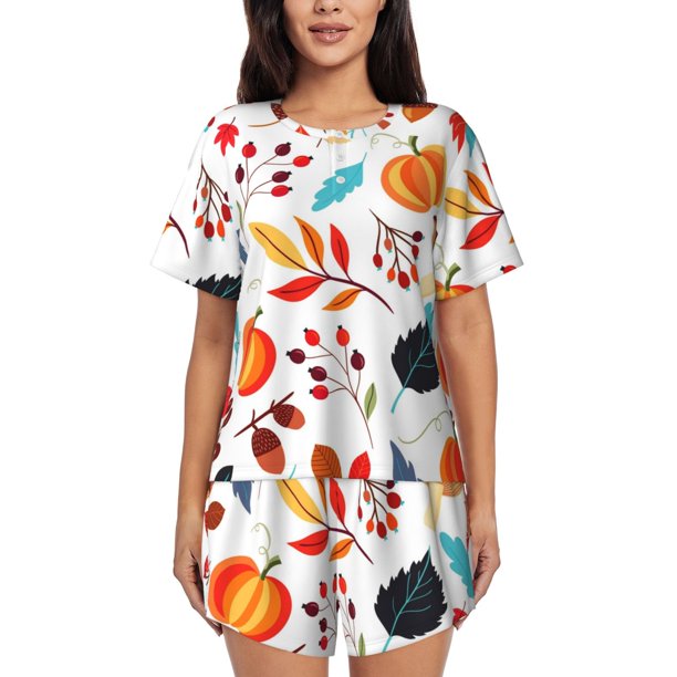 Balery Autumn Pumpkins Fall Leaves Conjunto de Pijama para Mujer con Estampado, Dos Piezas de Manga Corta y Shorts, Ropa de Dormir Suave con Cuello Redondo y Bolsillos-4X-Large