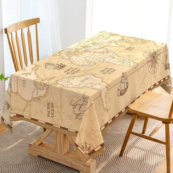 World Map Tablecloth Adventure World Awaits Party Decoration Retro Beige Nautical Compass Kitchen Dining Room Home Decor-60×84inch