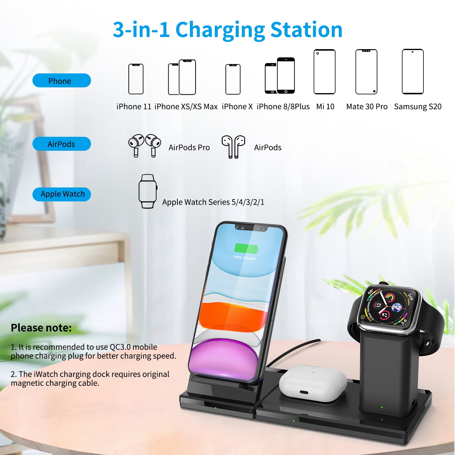 Wireless Charger 3 In 1 Wireless Charging Dock For Apple Watch And Airpods Qi Fast Wireless Charging Stand For Most Device Walmart Com Walmart Com