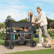 Reasea Stroller Wagon for 4 Kids,4 Seater Stroller Wagon with Adjustable Handles, 5-Point Safety Harness, Black