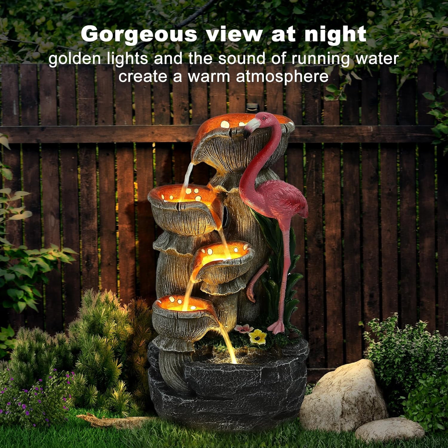 5 Tier Outdoor Garden Water Fountain, 25" H Waterfall Fountain with 5 LED Lights and Pump, Floor Standing Cascading Resin Fountains for Indoor and Patio Garden, Modern Flamingo Fountains, Pink