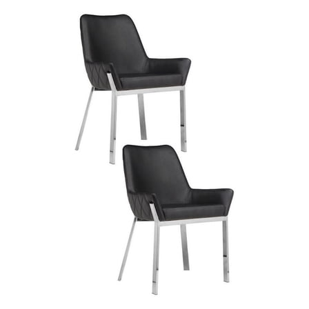 Fuma 23 Inch Set of 2 Dining Chairs- Foam Fill- Black Faux Leather- Silver