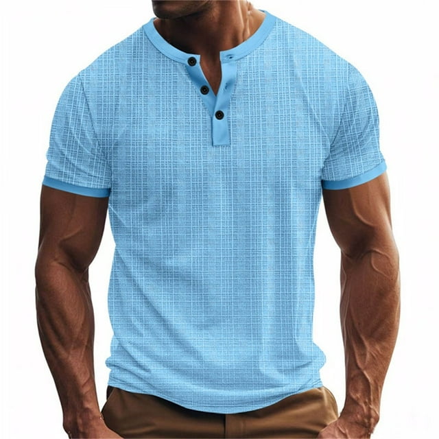 BEFOKA Mens Summer Short Sleeve Tops,Summer Tops Clearance,Man Leisure Button Solid Color Ventilation Short Sleeve Round Neck Top